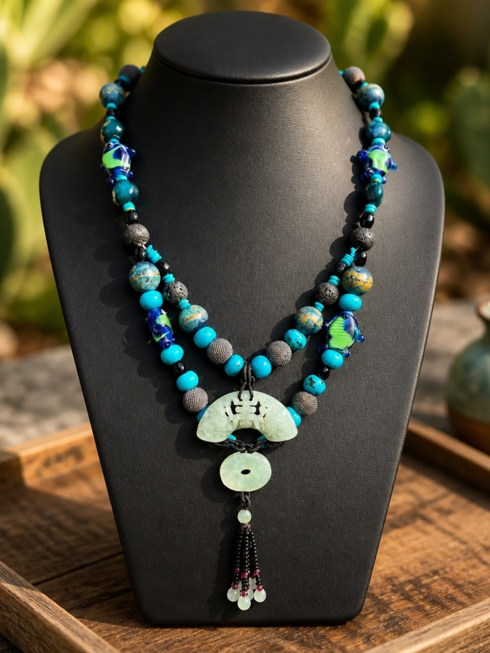 Turquoise & blue coral and Jade Necklace - Artisan Women Jewelry